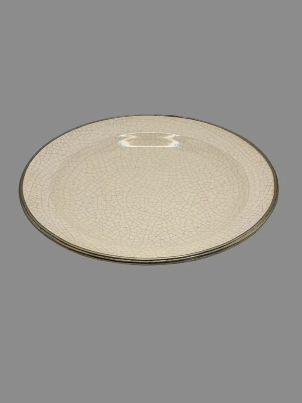 VTG ORNO Crackle Glaze Ceramic Centerpiece Bowl Metal Trim MCM Danish Modern 11